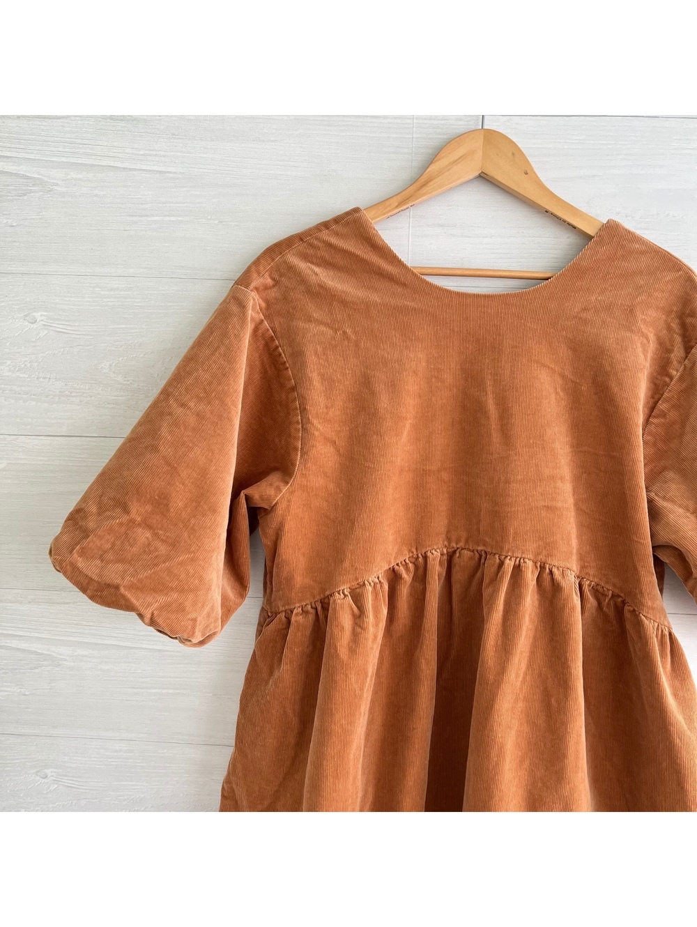 Everlane Camel Corduroy Mini Dress Puff Sleeve Scoop Back Pockets Women’s L - Picture 3 of 8